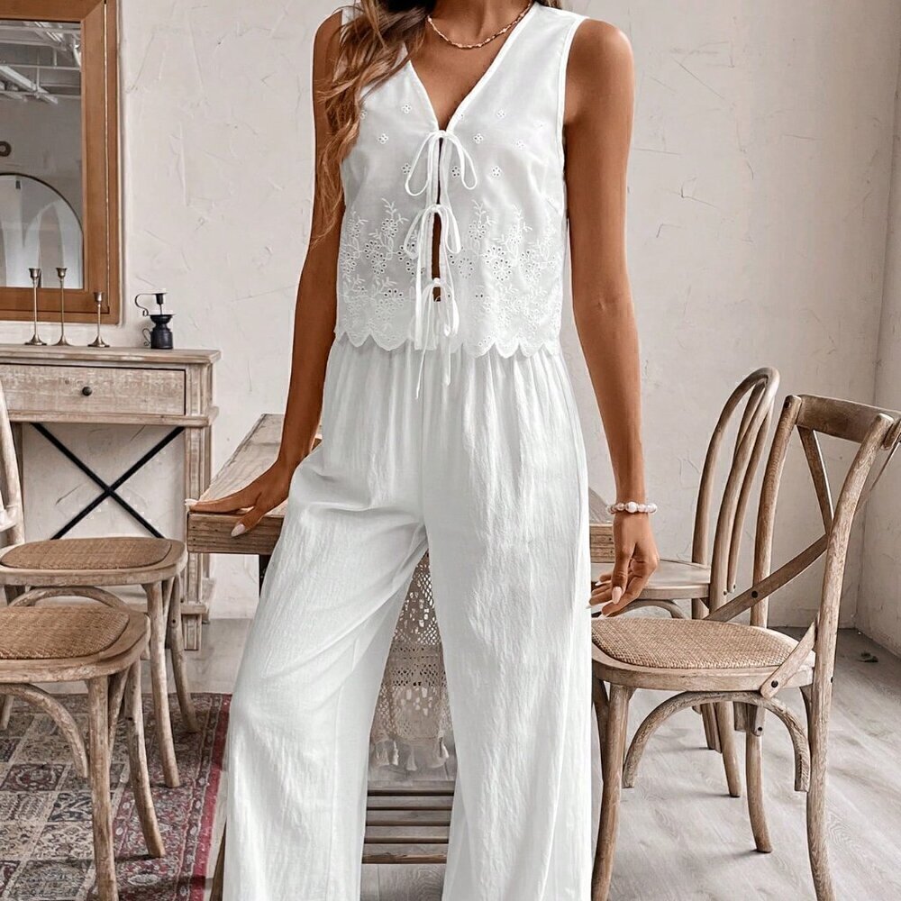 White Casual Women's Solid Color Hollow Out Lace Up Tank Top & Long Pants Set